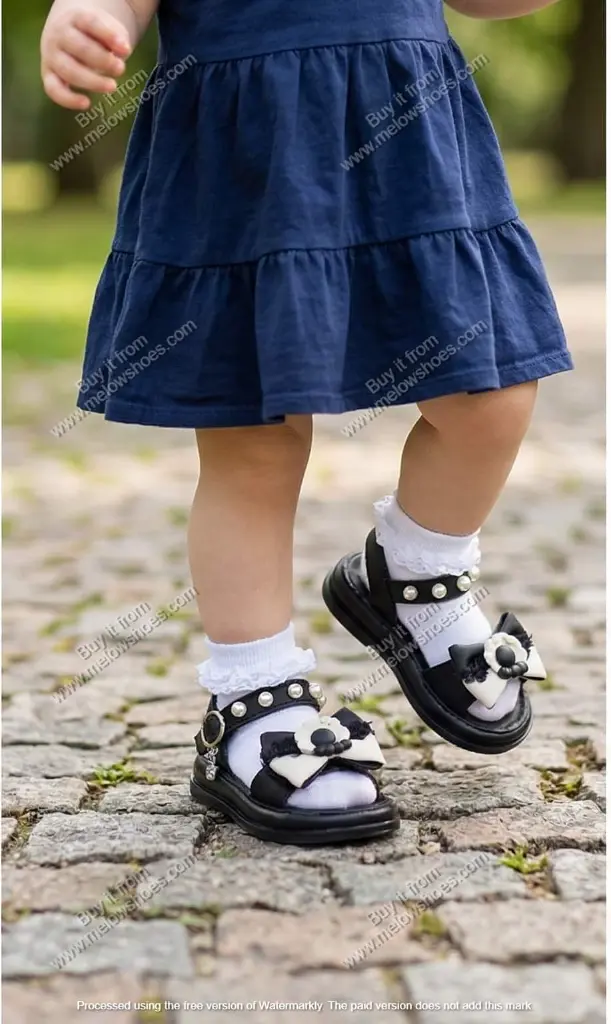 mellow-shoes-girls-Black-lace-bow-sandal-6011-on-foot-view.webp
