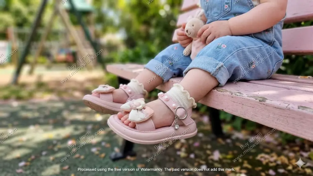 mellow-shoes-baby-pink-party-sandals-6009-outdoor-bench-lifestyle.webp