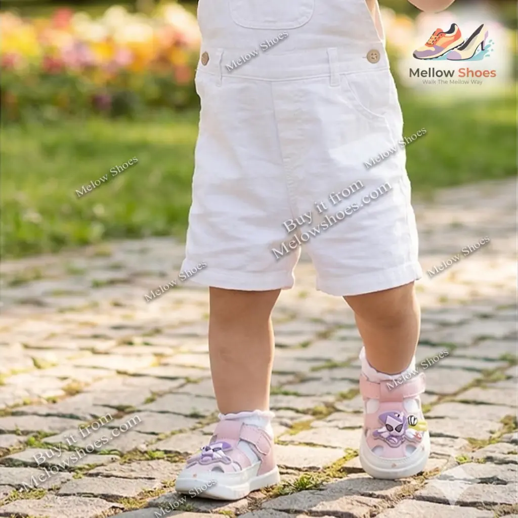 Toddler Girl Walking in Pink Sports Sandals on Stone Path.webp