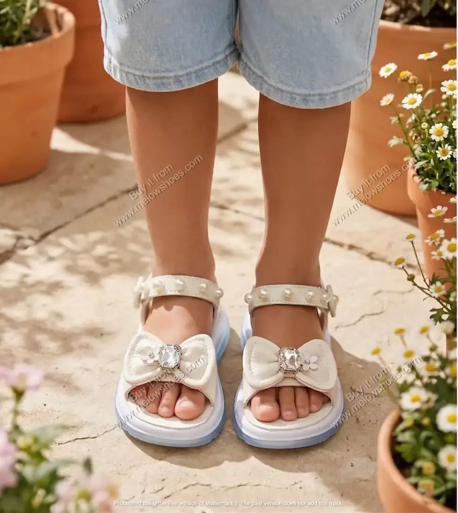 Crystal Bow Pearl Strap Kids Sandal Black 1519