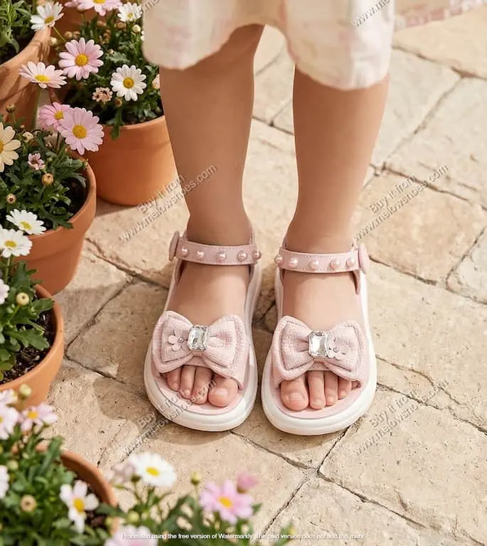 Crystal Bow Pearl Strap Kids Sandal Pink 1520