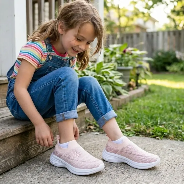 Girls Pink Slip-On Knit Sneakers | No-Lace Kids Shoes 7523