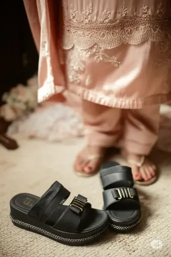 PU Bed Sole Black Fancy Chappal