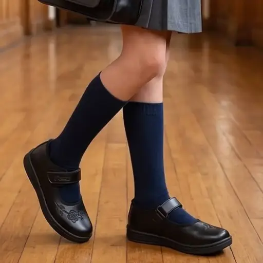 Girls Black Flower Embossed School Shoes Mary Jane 8013