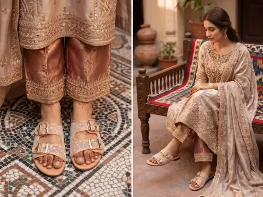 Glitter Mesh Buckle Slide Beige Skin 4026