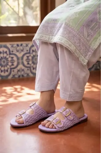 Embroidered Mesh Buckle Ladies Flat Slide Light Purple 4029