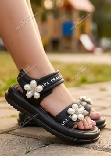 Chunky Pearl Flower Kids Sandal Black 1528